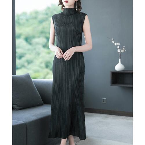 HOT SELLING spring and summer miyake pleated one-piece dress medium-long stand collar sleeveless straight dress IN STOCK