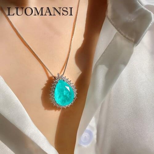 Luomansi Luxury Water Drop Paraiba Tourmaline Emerald Gemstone Pendant Necklace Woman S925 Fine-Jewelry Wedding Party Wholesale