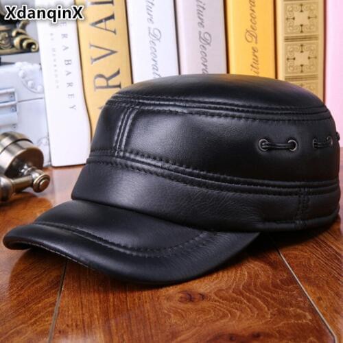 XdanqinX Adjustable Size Mens Genuine Leather Hat Military Hats With Ears Winter Warm Sheepskin Flat Caps For Men Snapback Cap