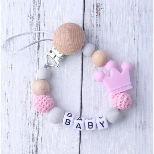 Personalized Name Handmade Baby Pacifier Clip Silicone Pacifier Chains Soother Chew Toy Baby Teether Eco-friendly Wooden Clips