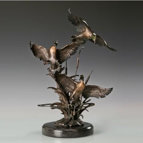 Three Bronze Teals Statue Animal Sculpture Art Marble Base Hot Casting Classy Detailed Home Hotel Decoration