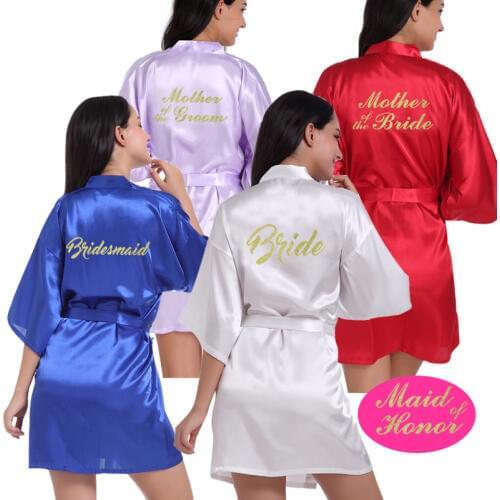 Bride Maid of Honor Letter Golden Glitter Print Kimono Robes Faux Silk Women Bachelorette Wedding Preparewear Bridal Party Robes