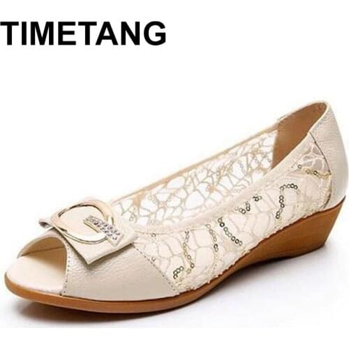TIMETANG Summer Sneakers Genuine Leather Peep Toe Women Sandals Women Solid Casual Wedge Flats Shoes Female Soft Beach Sandals