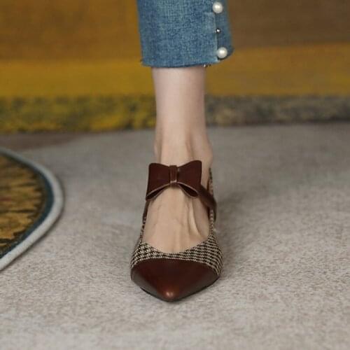 Soft Natural Genuine Leather Flats Women Sheep Skin Leather Insole Houndstooth Tweed Plaid Shoes Woman Bow Mary Jane Casual Shoe