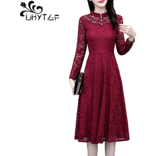 UHYTGF Women Autumn Winter Dress Long Sleeve Hollow Lace Red Black Elegant Dresses Temperament High-End Female Clothes 5XL 1308
