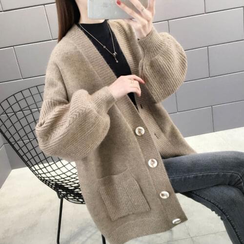2021 autumn and winter new lantern long-sleeved knitted loose jacket mid-length v-neck solid color sweater cardigan women