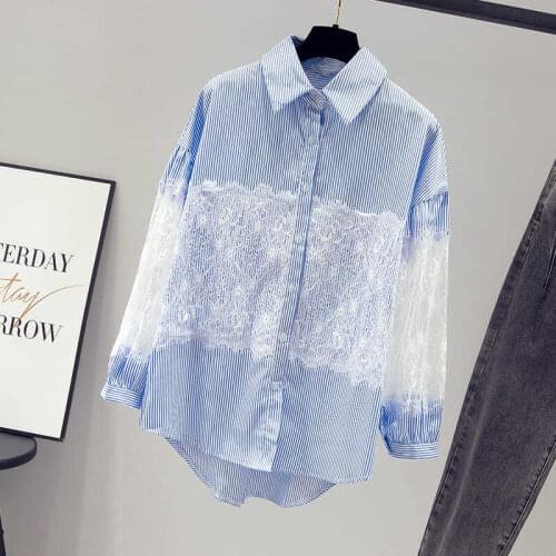Women Lattice Shirts Temperament Office OL Style Polo-Neck Blouses LongSleeve Stylish Ladies Lace Spliece Tops Blusas MM0901