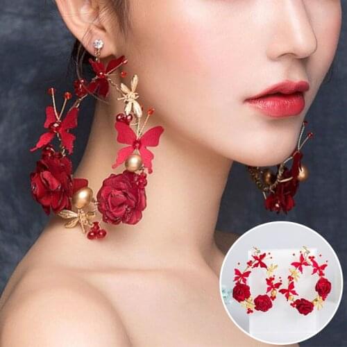 1Pair Women Big Hoop Earring Sweet Pink Flower Jewelry Fashion Mori Temperament Personality Show Thin Wedding Party Accessories