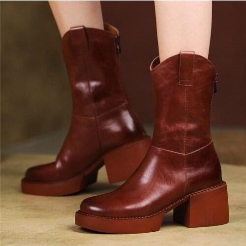 Military Oxfords Women Genuine Leather Round Toe Ankle Boots Motorcycle Cowgirl Chunky Creeper Shoe 34 35 36 37 38 39