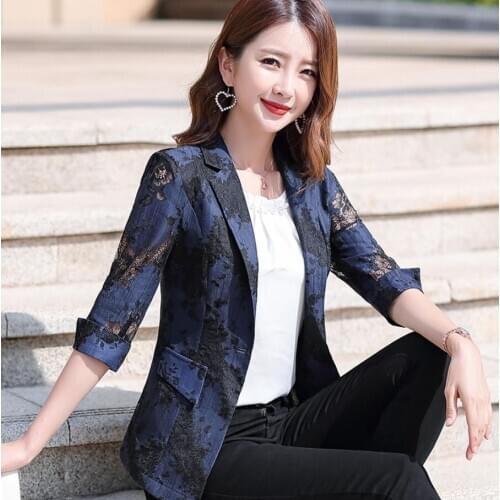 2021 Women Blazer Lace Printed Temperament Slim Suit One Button Notched Office Lady Black White Pink Blue Blazers Plus Size 3xl