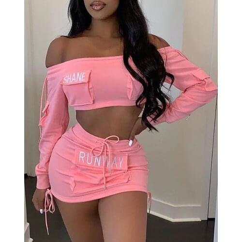 2021 new fashion womens pocket design letter word collar short jacket short skirt suit 2-piece set