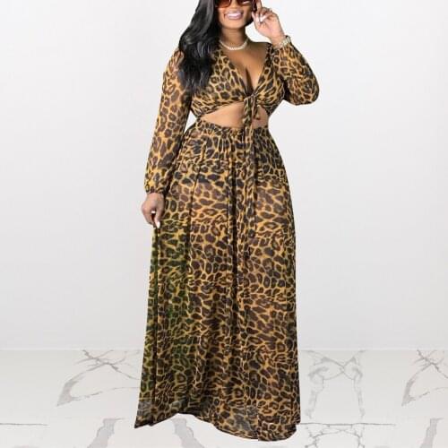 Sexy Leopard Print Skirt Sets For Ladies Big Size Crop Tops & Long Skirts Floor Length Elegant Evening Night Party Outfits Sets