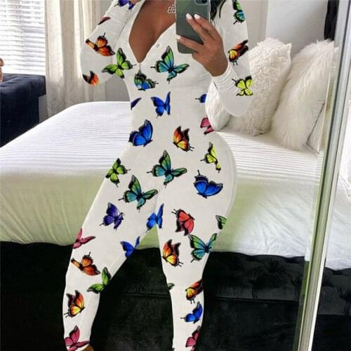 Women Sexy Bodycon Jumpsuit Fall Spring Trendy Butterfly Print Deep V Neck Long Sleeve Jumpsuit Button Stretch One Piece Outfits