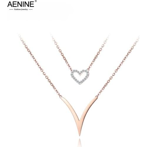 AENINE Bohemia Double Layer CZ Crystal Heart Choker Necklaces Jewelry Titanium Steel Rose Gold Charm Necklace For Women AN18060