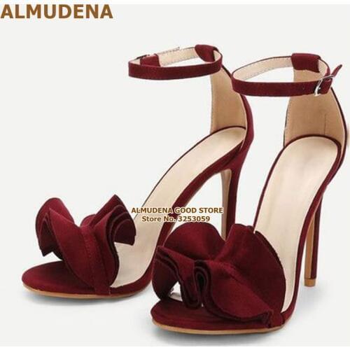 ALMUDENA Burgundy Satin Cloth Ruffle Sandals Stiletto Heels Wine Red Silk Flounce Wedding Pumps Floral Buckle Strap Party Shoes