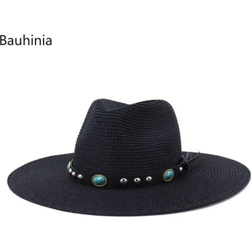 Bauhinia Casual Vintage Beach Straw Hats 10CM Wide Brim Women Men Summer Sun Protective Hats British Style Jazz Trilby Cap