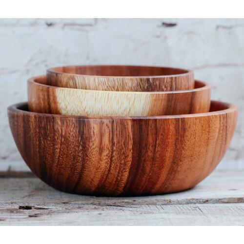 Hand-made Solid Wood Bowl Large Small Round Wooden Bowls Salad Soup Dining Serving Bowls Plate Wooden Kitchen Utensils Tableware