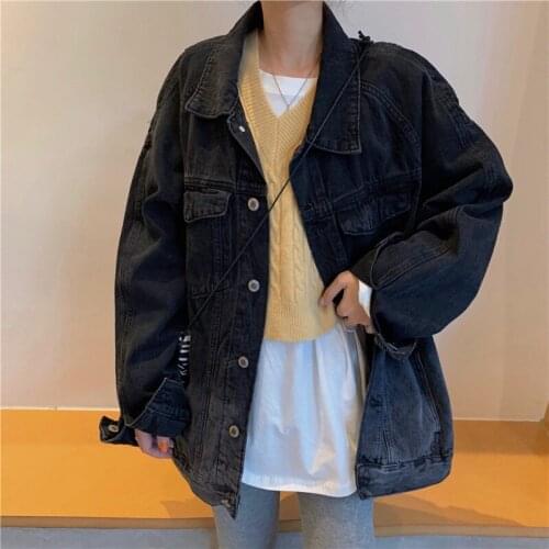 Black Loose Denim Jackets Women Turn-down Collar Casual Korean Style Jean Coats Plus Size Female Fashion Jackets Streetwear New
