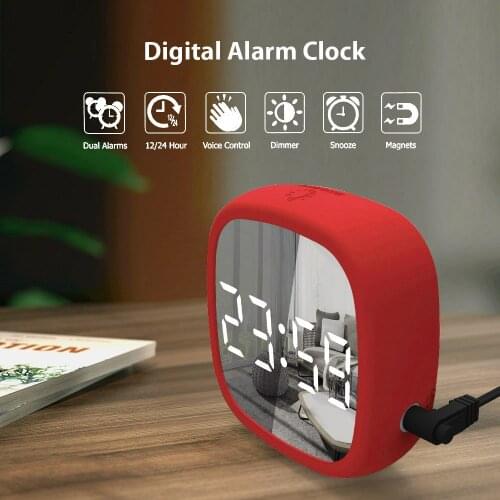 Digital LED Clock Voice Control Adjustable Brightness Auto Dimming USB & Battery Operated Wall-hanging Table Mirror Clock