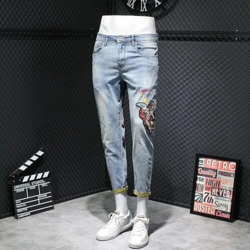 Fashion Mens Vintage Denim Pencil Pants Embroidery Jeans New Printed Slim Fit Ankle Length Trousers Streetwear Casual Jeans Man
