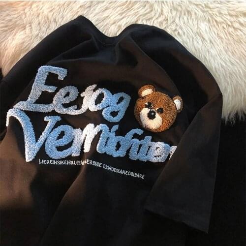 2021 Korean Fashion 100%Cotton Sky Blue Cute Bears Letters Printed T Shirts Harajuku Graphic Tee O-neck Basic Teens Summer Tops