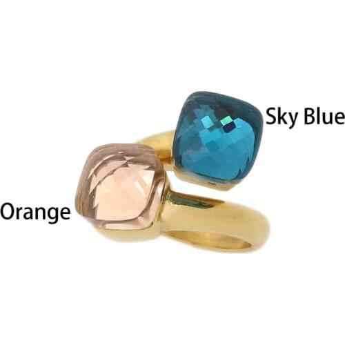 JSBAO New Arrivals Double Glass Stone Stainless Steel Gold Fashion Ring Women Orange & Sky Blue Color Ring For Women Jewelry