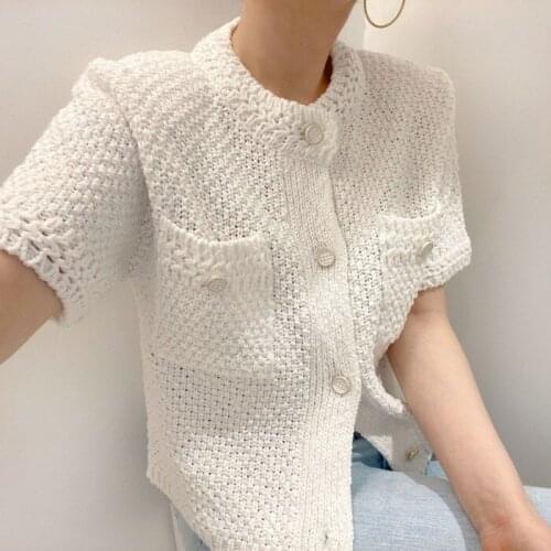 Cardigan Women Summer Korean Simple and Versatile Top Single-breasted Loose Solid Color Short-sleeved Hollow Knitted Sweater