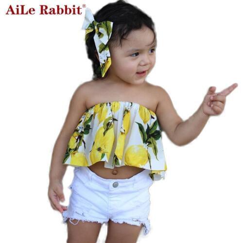 AiLe Rabbit INS Newest Girls Clothing Set Lemon Shirt Shorts 2 Pcs Suits Fashion Kids Tops Hole White Pants Street Style k1