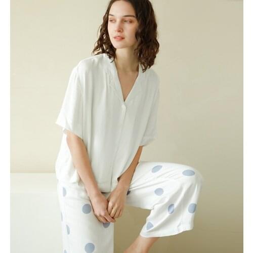 Female Clothes with Dots Printed Short Sleeve White Tops and Calf-lengtnh Pants Women Pajama Set Two Pcs Suit Sleep Home Clothes