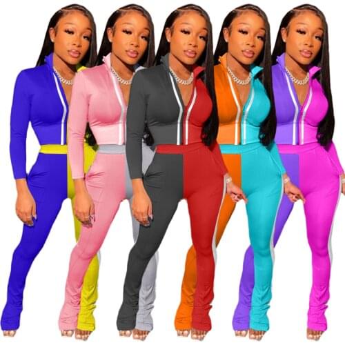 18AC8223 Autumn Winter Women Casual Sports Solid Patchwork Print Two Piece Set Top and Pants Tracksuit Sweatsuit Outfits