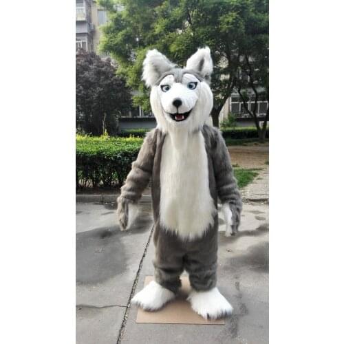 Fursuit Gray Long Fur Fox Husky Dog Mascot Costume Suit Cosplay Party Game Fancy Dress Outfits Halloween Xmas Advertising Parade