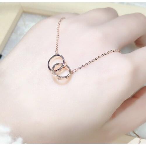 Miniature Zircon Double Circle Necklace Rose Glod Color Lady Pendant Necklace Ring Couple Girls Gifts