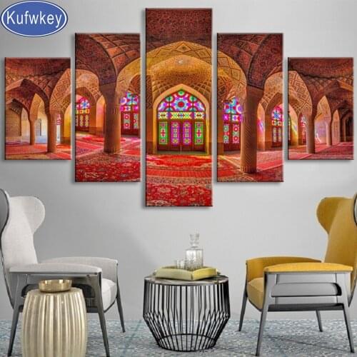 Multi-picture Mosque Wall Art 100% square diamond painting 5 Pieces diamond embroidery full round diy mosaic set Building decor