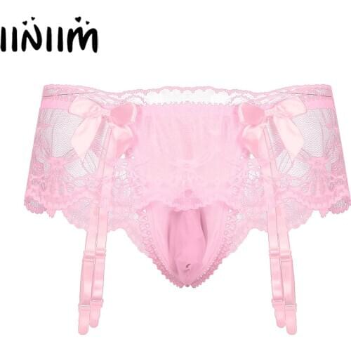 Mens Sexy Sissy Underwear Gay Exotic Lingerie Panties JJ Night Costumes Bulge Pouch Penis T-back Briefs with Bowknot Underpants