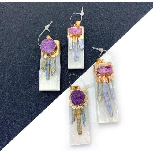 Natural Stone Crystal Pendant Necklace Jewelry Colorful Rectangular Reiki Stone DIY Necklace Bracelet Accessories Charm