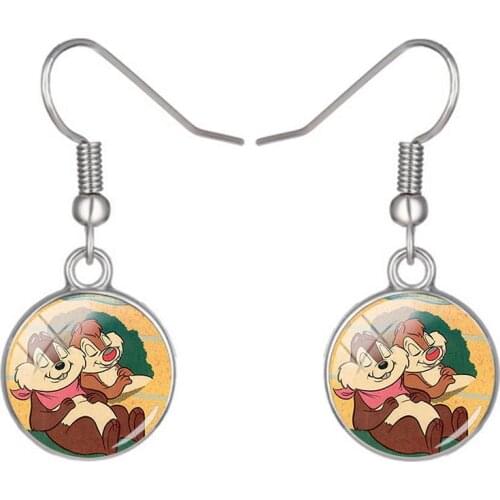 Disney Cute Chipmunk Kiki And Titi Pendant Art Earrings Handmade Glass Cabochon Fish Hook Earrings Jewelry Ladies Gifts