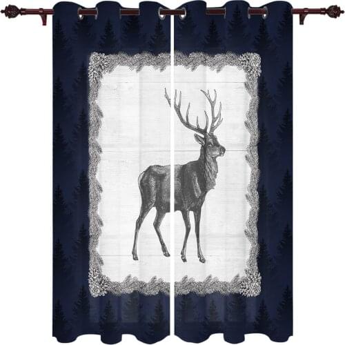 Blue Forest Texture Reindeer Wood Grain Window Curtains Kitchen Bedroom Drapes Home Decor Luxury Curtains for Living Room