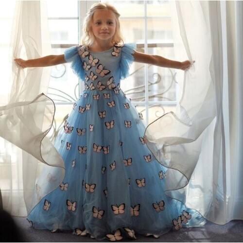 Blue Butterfly Flower Girls Dresses Princess Girls Dresses Girls Butterfly Applique Girls Celebrity Birthday Dresses Custom