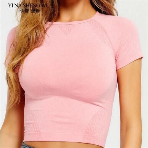 Sport Yoga Tops Women Fashion Seamless Yoga Shirts Quick Dry High Elastic Breathable Short Sleeve Female Solid Color Sportswear