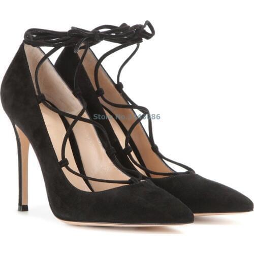 Pointed Toe Cross Tied Thin High Heel Shoes Black Creamy White Faux Suede lace Up Ballet Shoes Classics Women Banquet Pumps