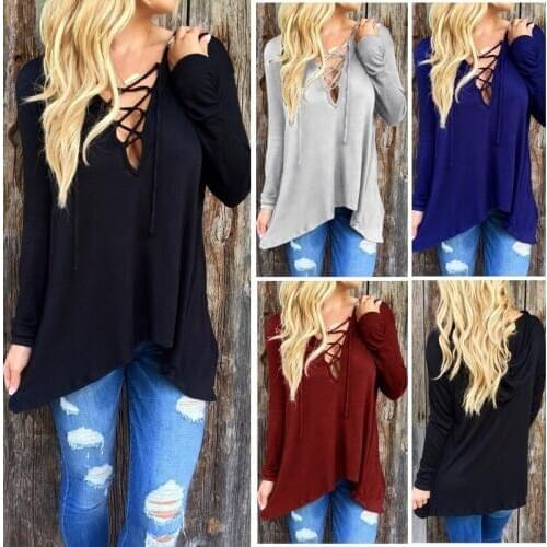 Womens Boho Lace Up Deep V Neck Irregular Long Sleeve Casual Loose Tops Shirt