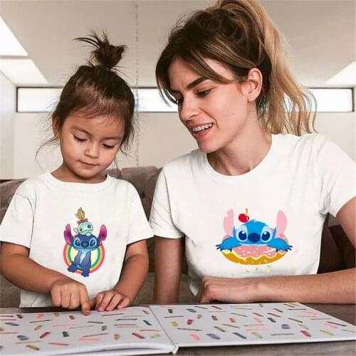 Kawaii Disney Stitch Womens T-shirt Summer Cartoon Short Sleeve Shirt Sweet Style Family Matching Outfits Fashion Oversized Top