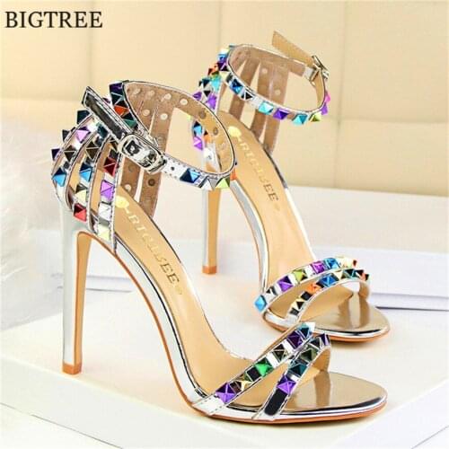 Roman Style Ankle Buckle Womens Shoes Party Summer Colorful Rivet High Heels Open Toe Fashion Sandals for Women Patent Leather