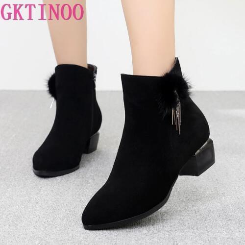 GKTINOO Womens Chelsea Boots Black Ankle Boots For Woman Thick High Heel Round Toe Winter Genuine Leather Shoes
