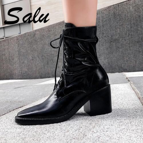 Salu Genuine Leather High Heels Ankle Boots Women Ladies Dress Party Boots Women Winter Warm Lace Up Shoes Woman Size 40
