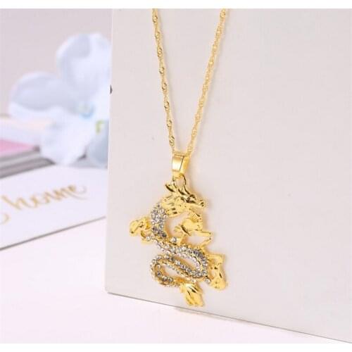 Anniyo CZ Dragon Pendant Necklaces for Women Men Gold Color Jewellery Cubic Zirconia Mascot Ornaments Lucky Symbol Gifts #064004