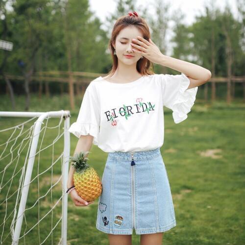 Women Summer T shirts Femme Flare Sleeve Embroidery Flower Letter Tops Girls Short Sleeve White Tees
