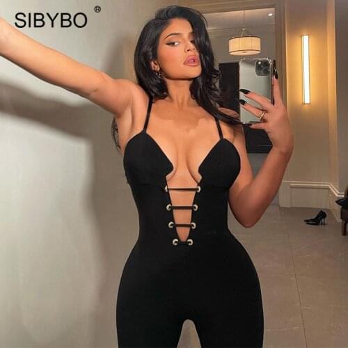 Sibybo Black V Neck Sexy Jumpsuit Women Hollow Out Backless Skinny Elastic Jumpsuit 2021 Streetwear Femme Casual Romper Overalls