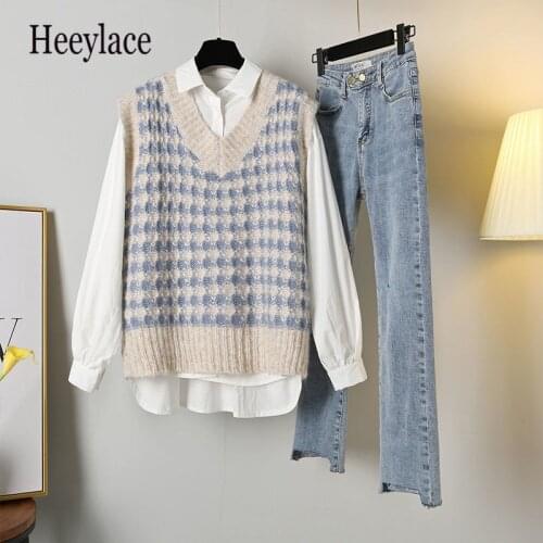 Plus Size Office Ladies 3 Piece Set Women Autumn Solid Shirts+Knitted Vests +Denim Jeans Suits 4XL Chic Women Korean Outfits