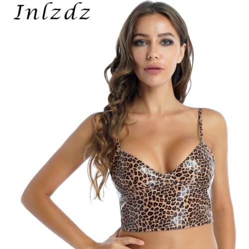 Womens Leopard Print Rave Crop Top Adjustable Spaghetti Strap Patent Leather Clubwear Zipper Back Camisole Sleeveless Vest